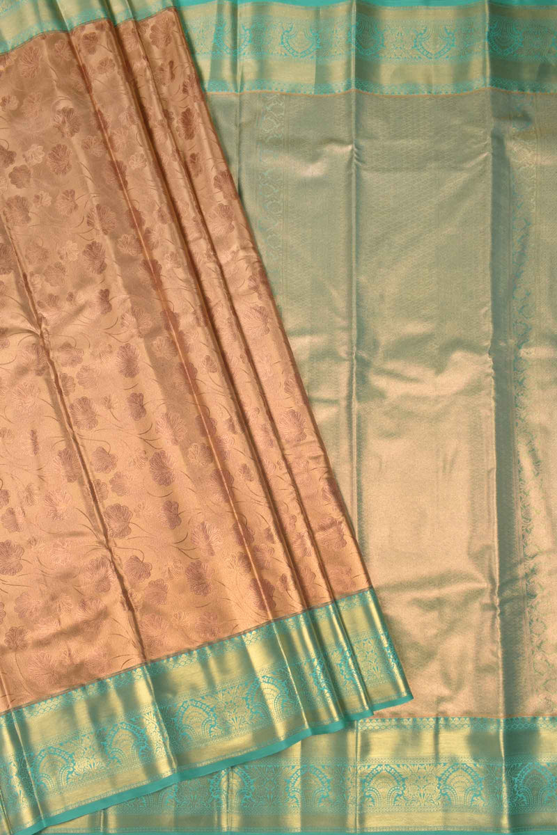 Golden Semi Silk Tissue All Over Floral Design Green Zari Border Saree