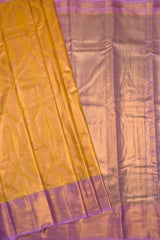 Mustard Yellow Semi Silk Tissue Floral Ferns Design Violet Zari Border Saree