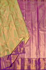 Golden Yellow Semi Silk Tissue Green Feathers Contrast Purple Border Saree