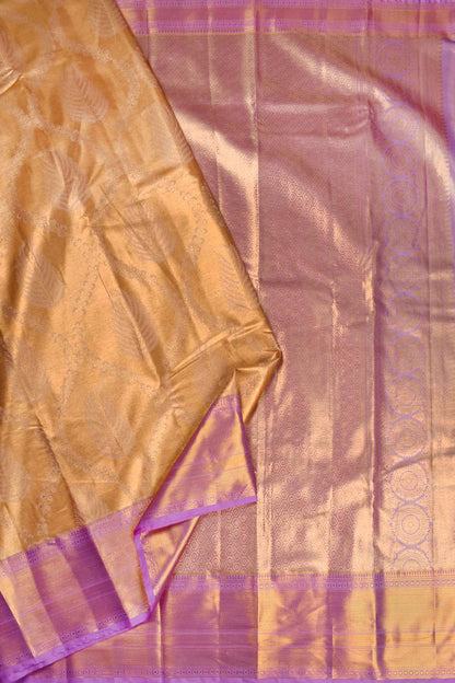 Light Brown With Gold Semi Silk Tissue Floral Feathers Violet Zari Border Saree