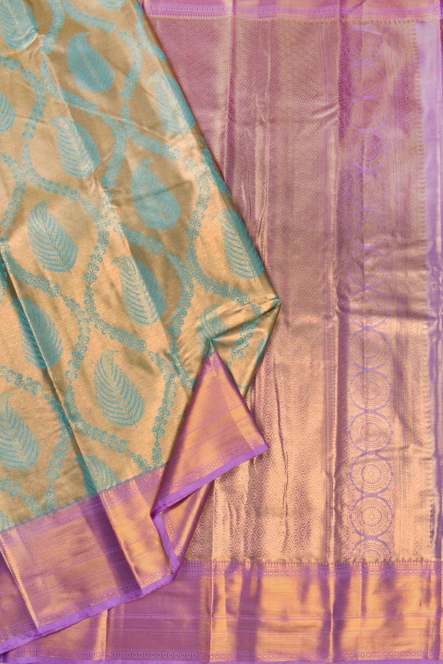 Golden Blue Semi Silk Tissue  Feathers Design Violet Zari Border Saree