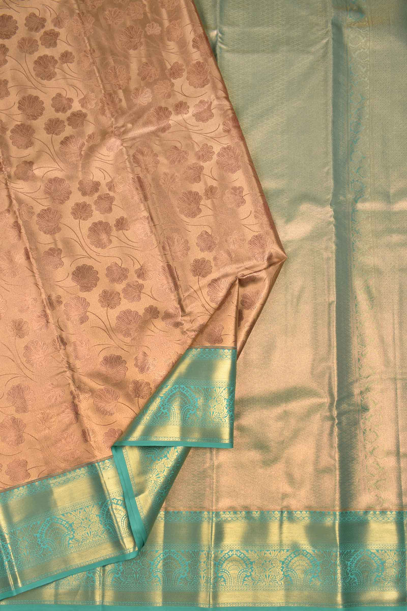 Golden Semi Silk Tissue All Over Floral Design Green Zari Border Saree