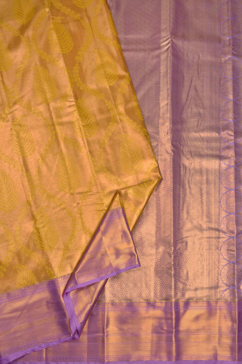 Mustard Yellow Semi Silk Tissue Floral Ferns Design Violet Zari Border Saree