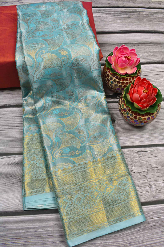 Light Sky Blue Semi Silk Tissue Hibiscus Design Body Zari Border Saree