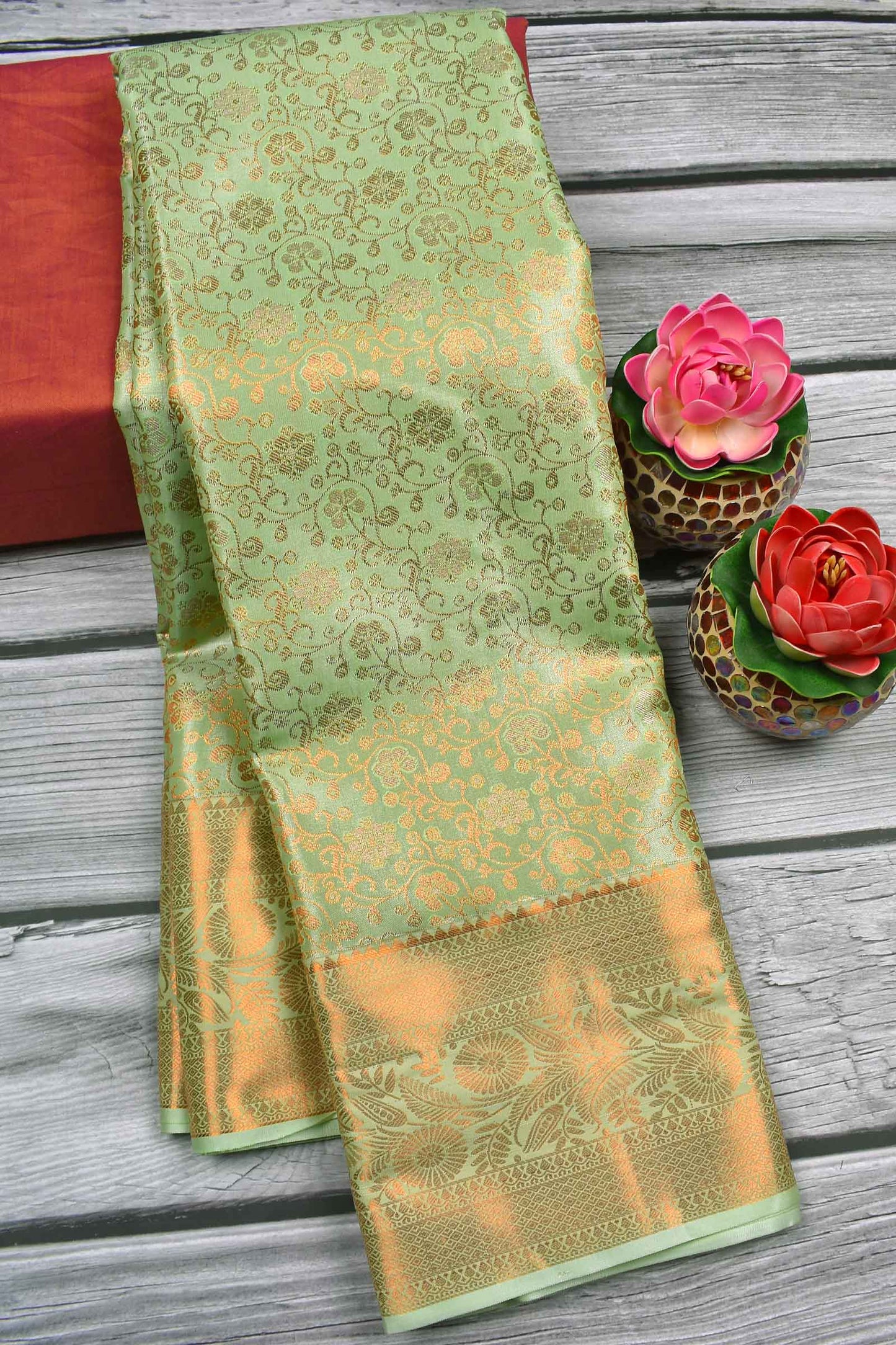 Light Green Semi Silk Tissue Floral Brocase Zari Border Saree