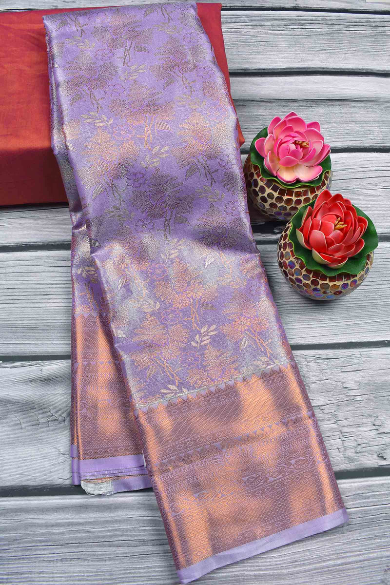 Light Violet Semi Silk Tissue Fancy Leaves Design Zari Border Saree