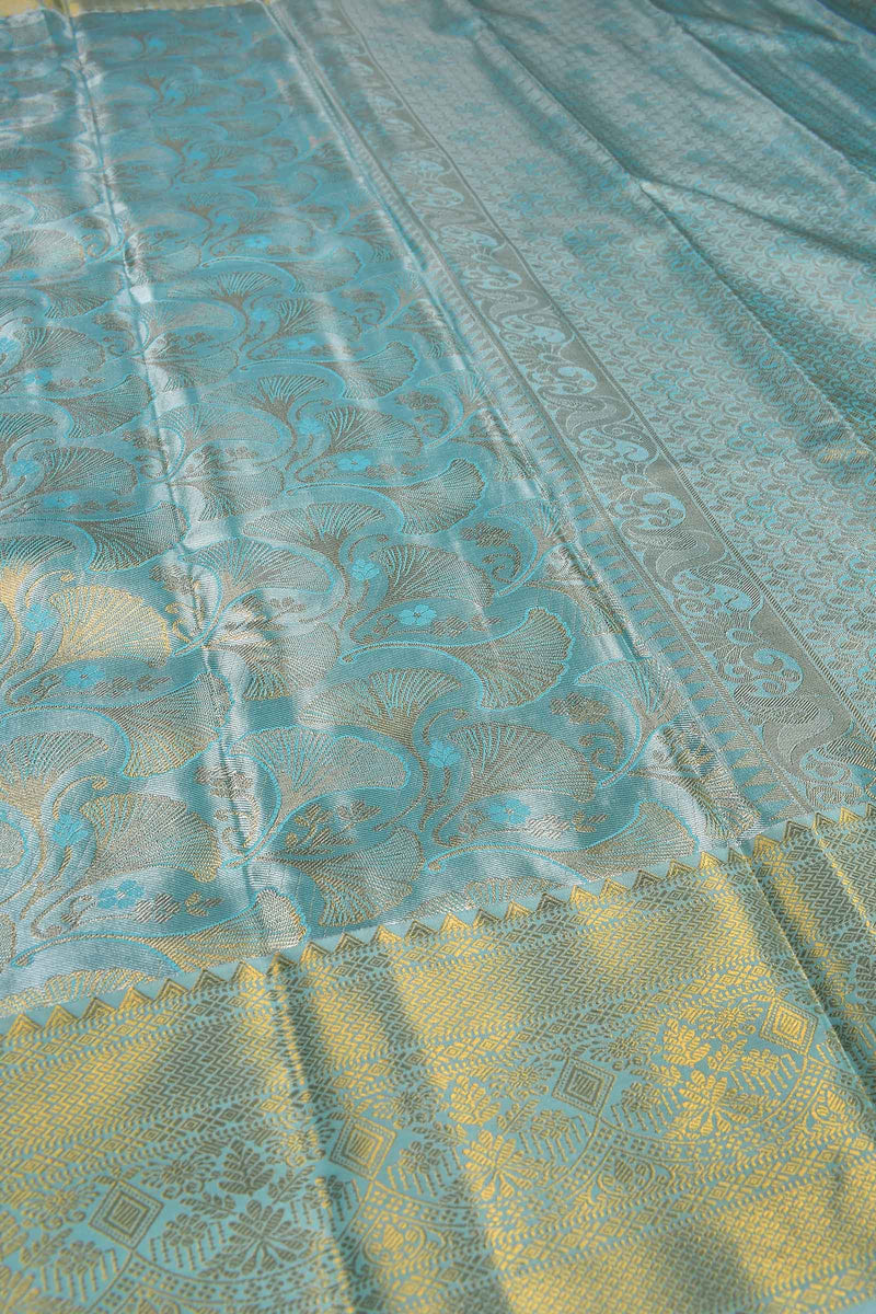 Light Sky Blue Semi Silk Tissue Hibiscus Design Body Zari Border Saree