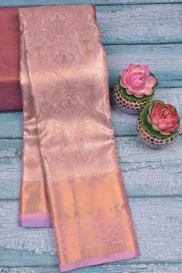 Pastel pink Semi Silk Tissue Fancy Floral Design Contrast Purple Pallu Saree