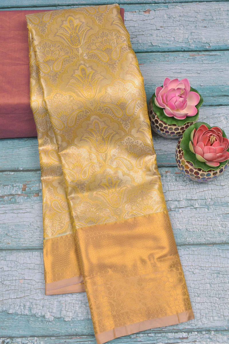 Golden Semi Silk Tissue Fancy Floral Contrast Purple Pallu Saree