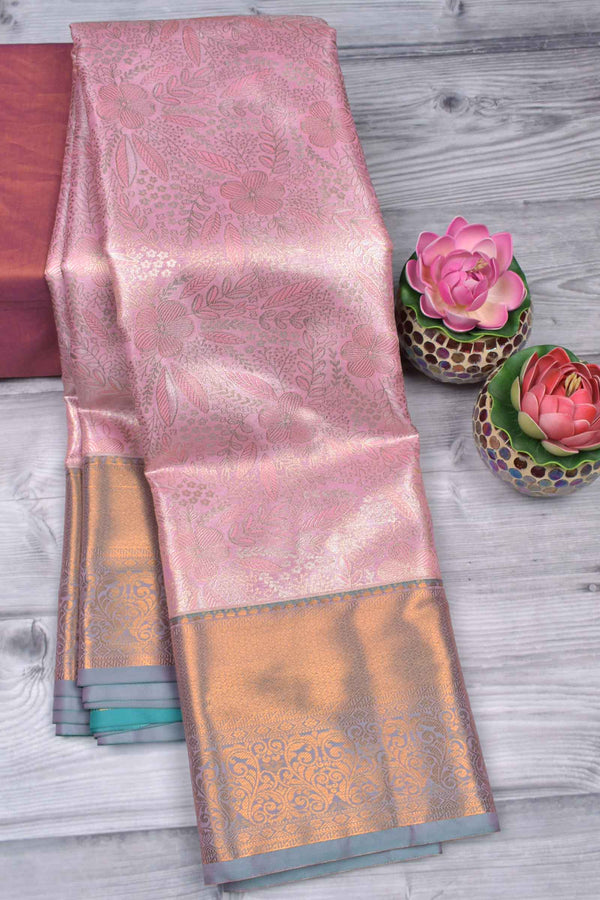 Pink Semi Silk Tissue Floral Theme Design Contrast Blue Pallu Saree