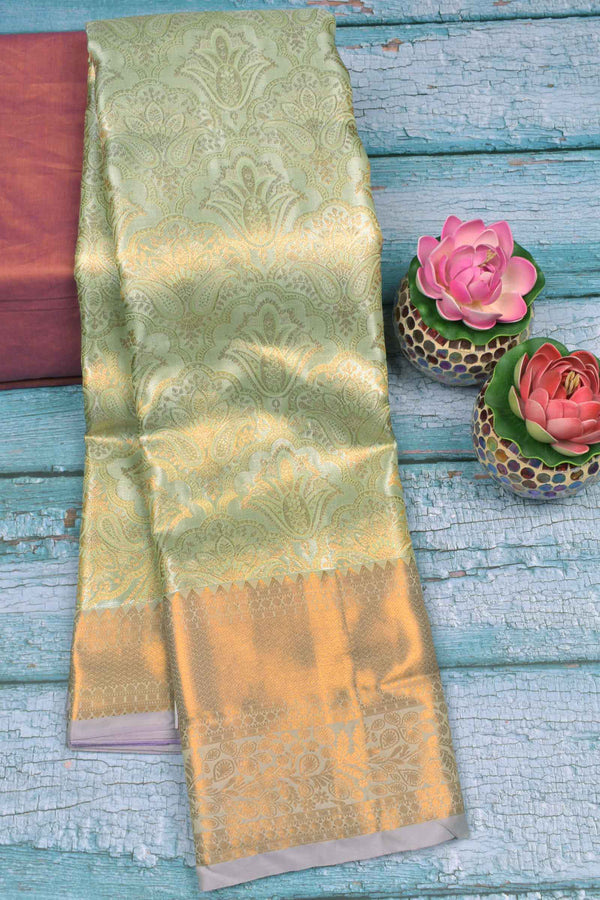 Light Green Semi Silk Tissue Fancy Florals Contrast Purple Pallu Saree