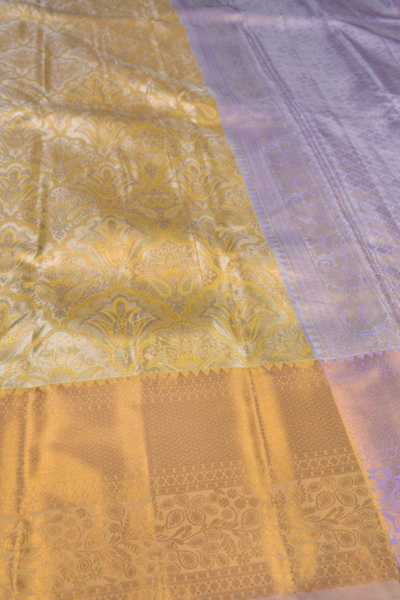 Golden Semi Silk Tissue Fancy Floral Contrast Purple Pallu Saree