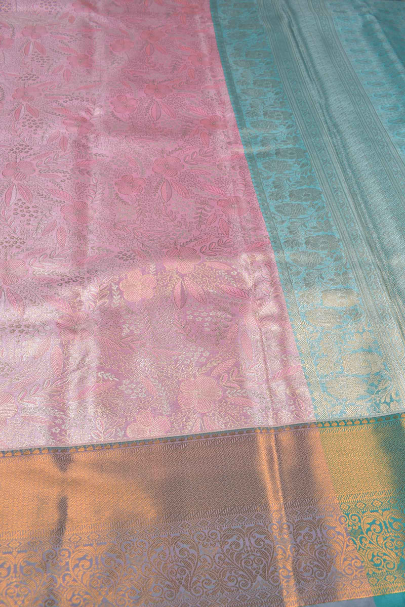 Pink Semi Silk Tissue Floral Theme Design Contrast Blue Pallu Saree