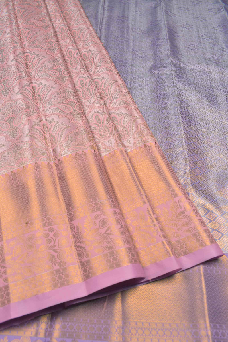 Pastel pink Semi Silk Tissue Fancy Floral Design Contrast Purple Pallu Saree