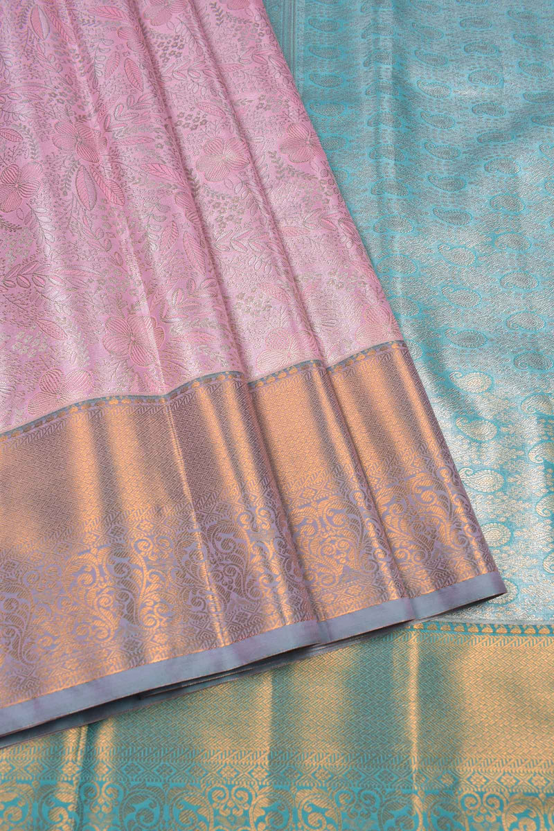 Pink Semi Silk Tissue Floral Theme Design Contrast Blue Pallu Saree