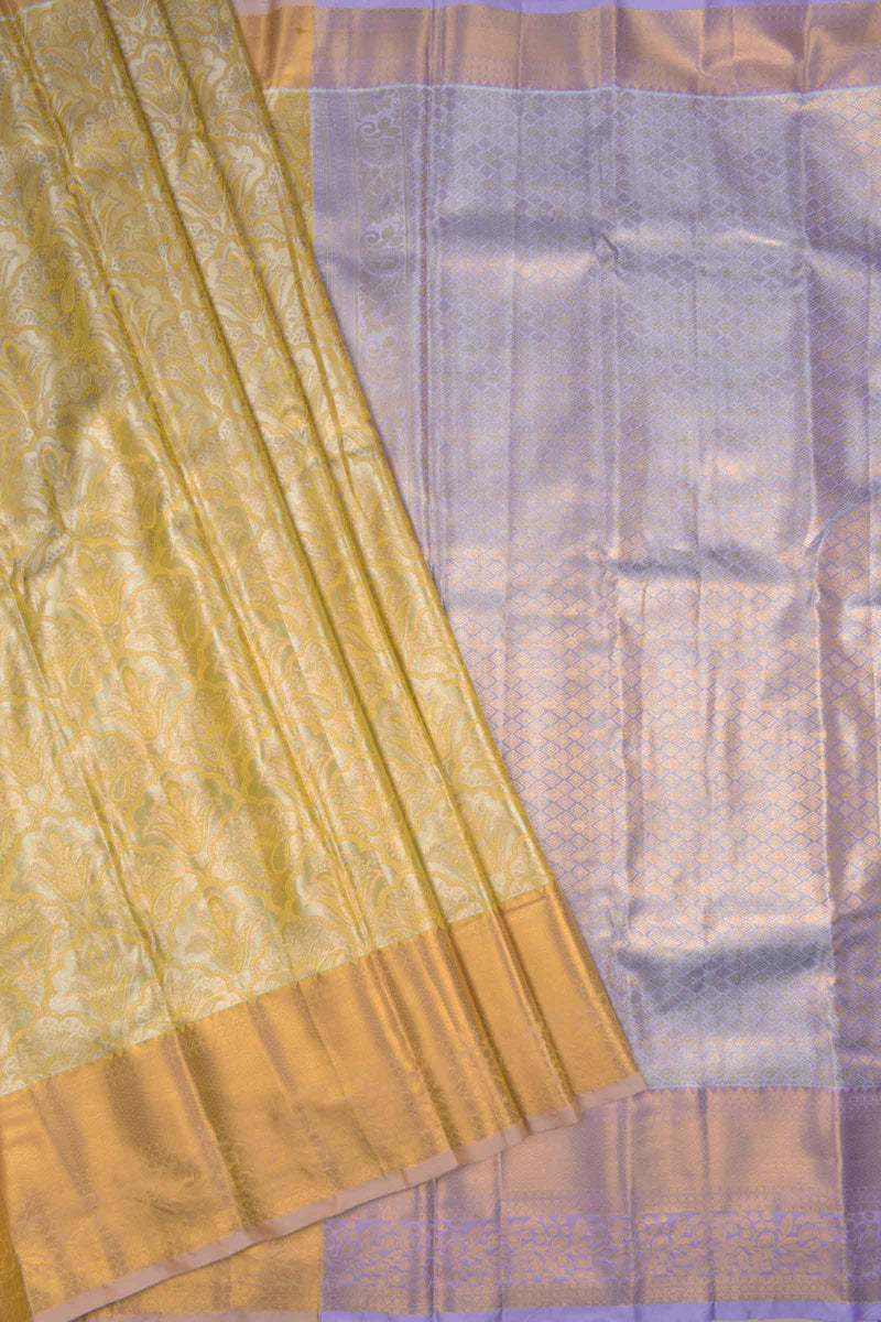 Golden Semi Silk Tissue Fancy Floral Contrast Purple Pallu Saree