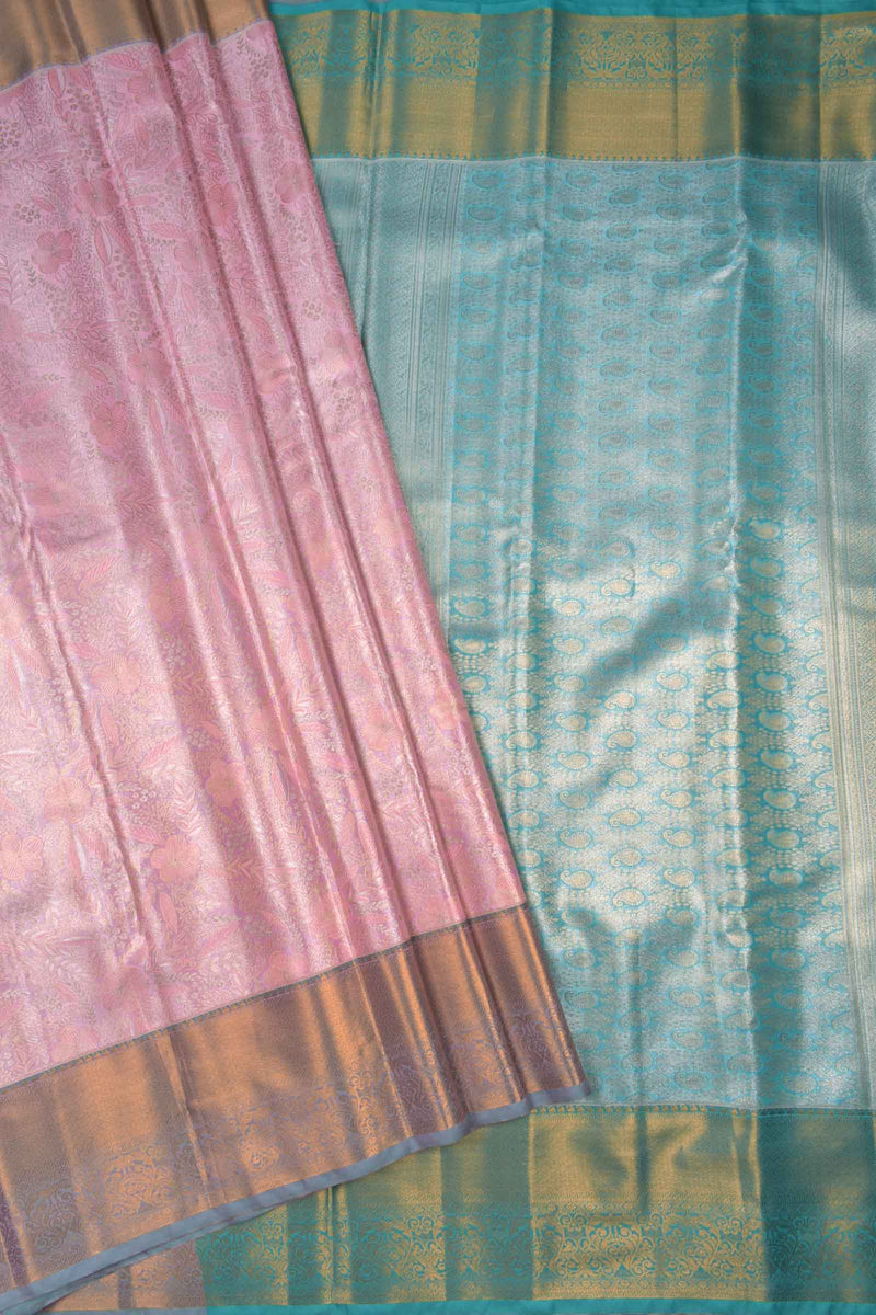 Pink Semi Silk Tissue Floral Theme Design Contrast Blue Pallu Saree