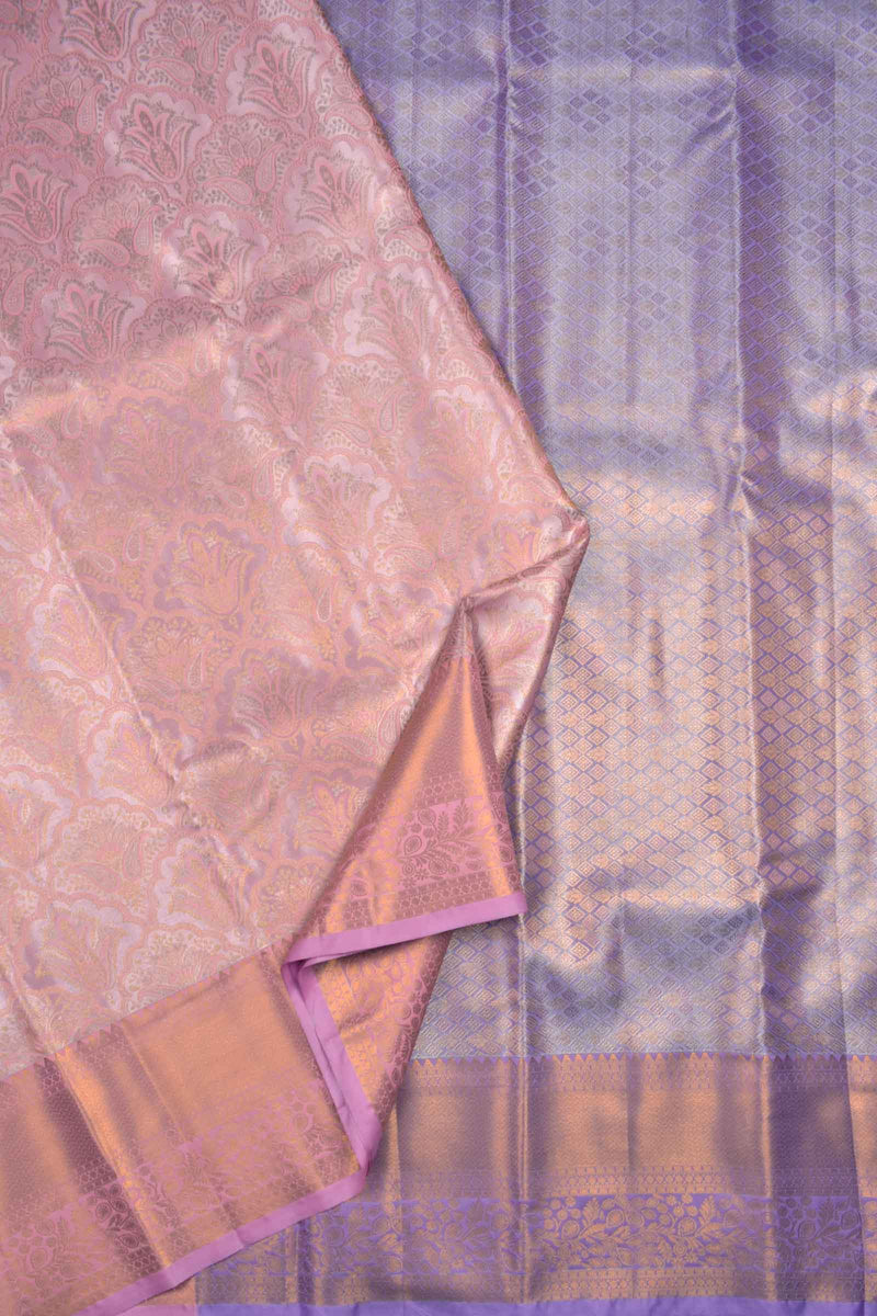 Pastel pink Semi Silk Tissue Fancy Floral Design Contrast Purple Pallu Saree