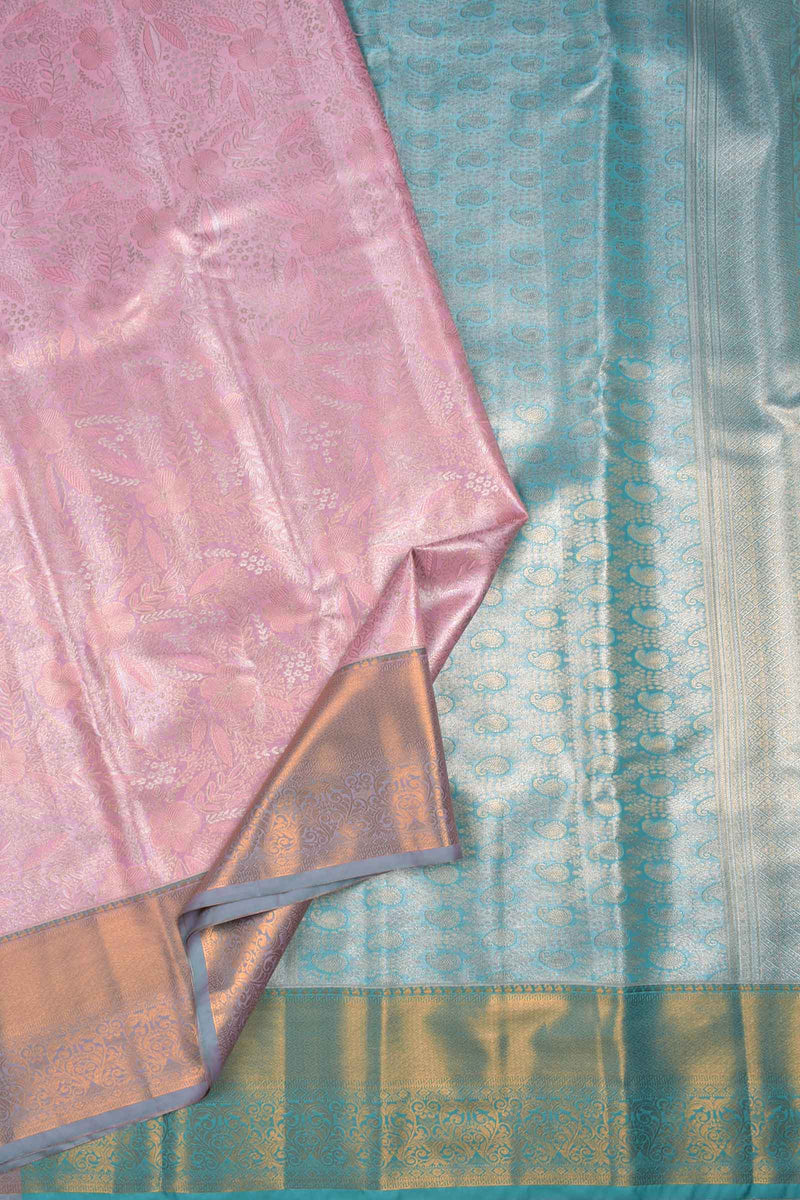 Pink Semi Silk Tissue Floral Theme Design Contrast Blue Pallu Saree