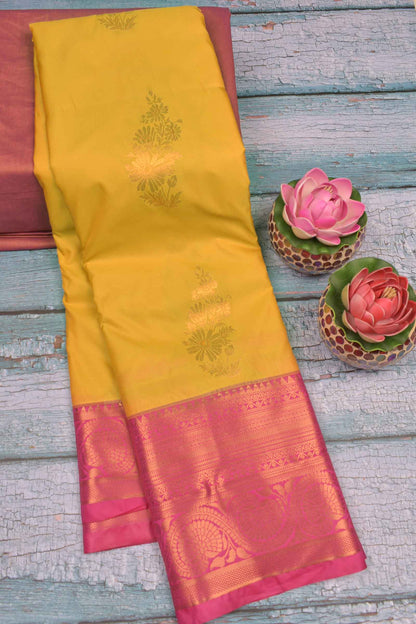 Golden Yellow Semi Soft Silk Floral Bouquet Contrast Dark Pink Border Saree