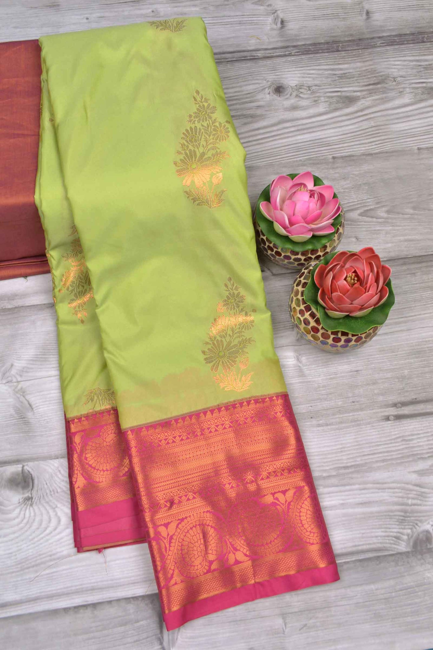 Light Green Semi Soft Silk Floral Bouquet Contrast Dark Pink Border Saree