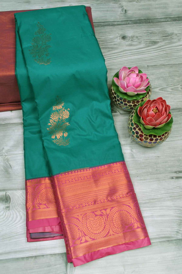 Dark Green Semi Soft Silk Floral Bouquet Contrast Big Dark Pink Border Saree