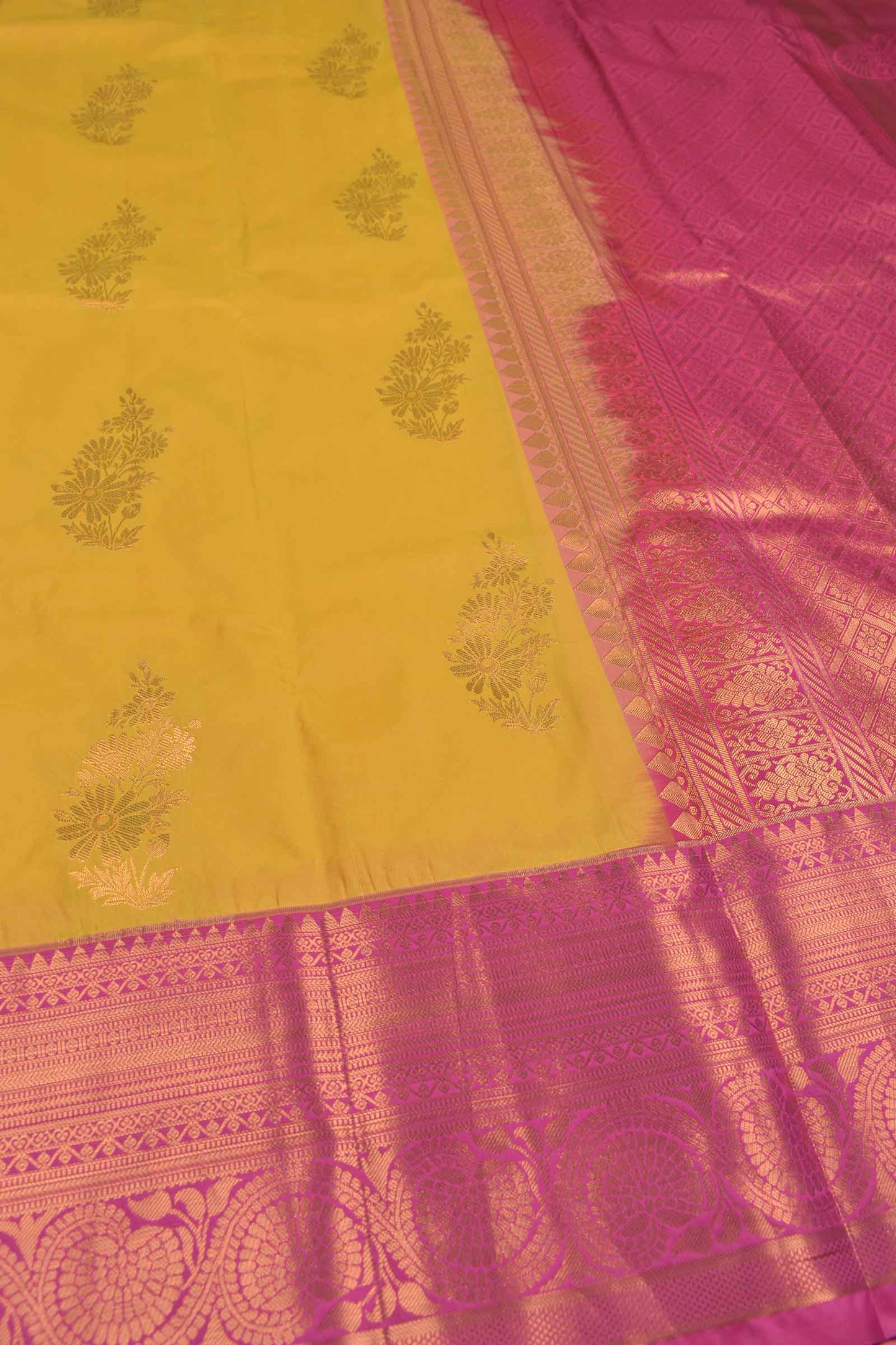 Golden Yellow Semi Soft Silk Floral Bouquet Contrast Dark Pink Border Saree