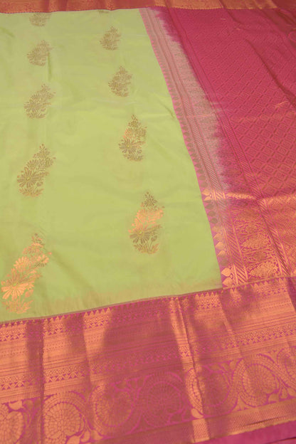 Light Green Semi Soft Silk Floral Bouquet Contrast Dark Pink Border Saree