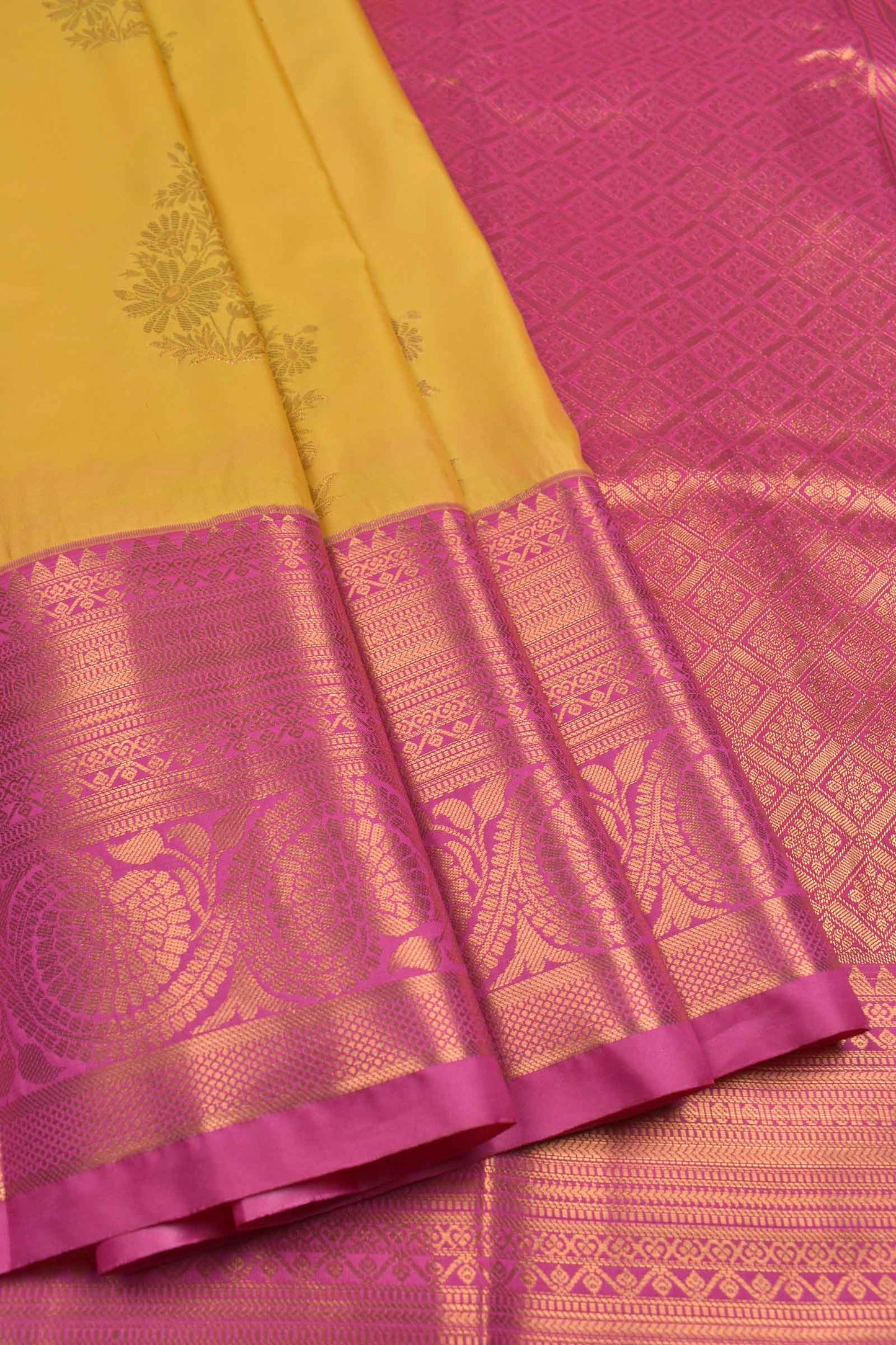 Golden Yellow Semi Soft Silk Floral Bouquet Contrast Dark Pink Border Saree