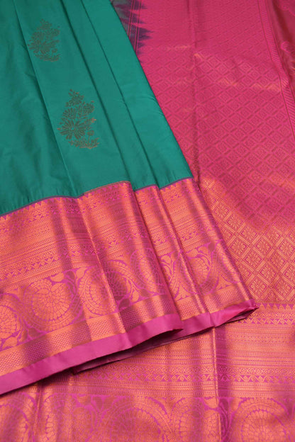 Dark Green Semi Soft Silk Floral Bouquet Contrast Big Dark Pink Border Saree