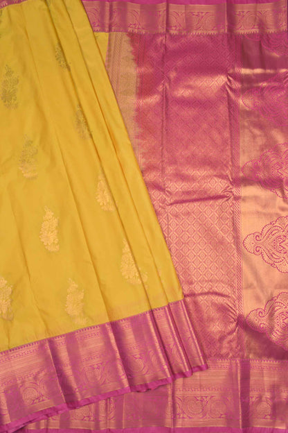 Golden Yellow Semi Soft Silk Floral Bouquet Contrast Dark Pink Border Saree