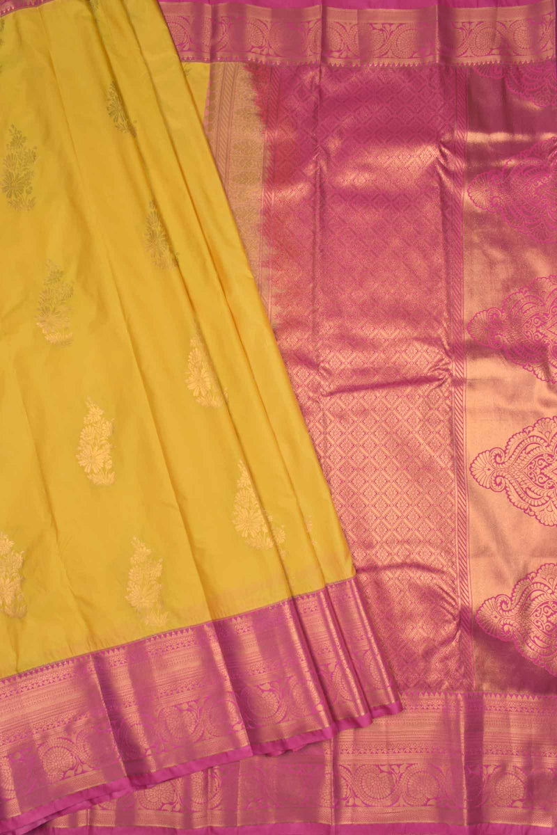 Golden Yellow Semi Soft Silk Floral Bouquet Contrast Dark Pink Border Saree