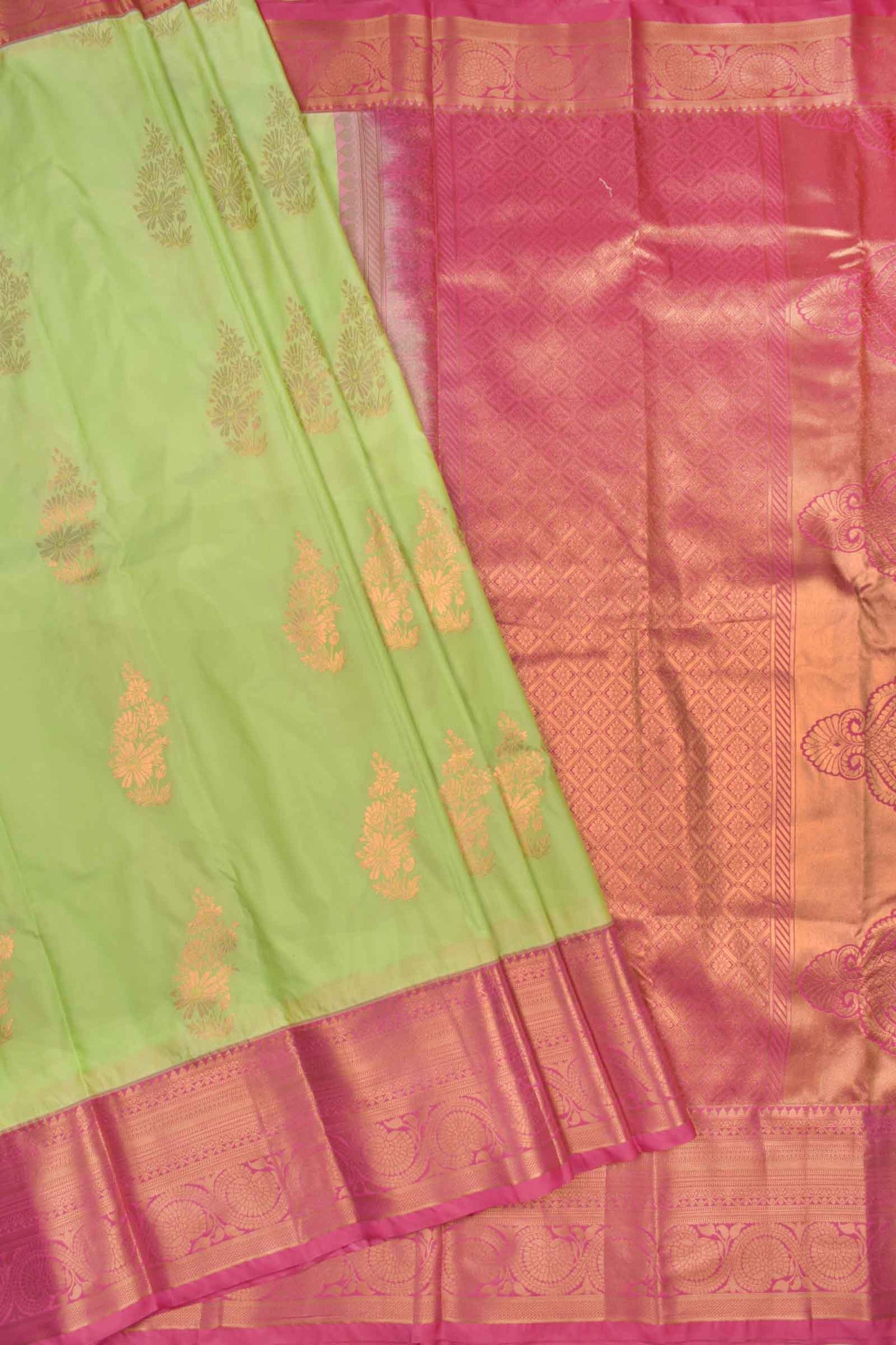 Light Green Semi Soft Silk Floral Bouquet Contrast Dark Pink Border Saree