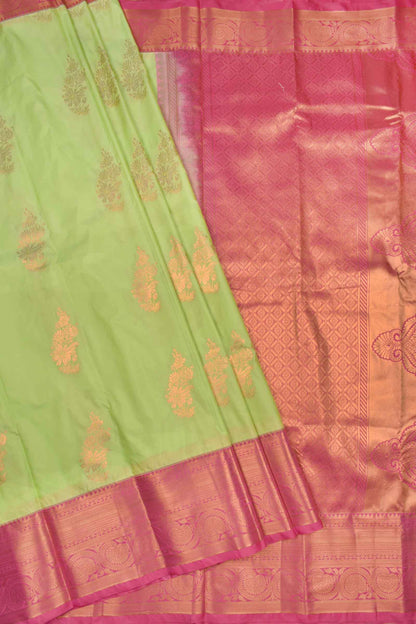 Light Green Semi Soft Silk Floral Bouquet Contrast Dark Pink Border Saree