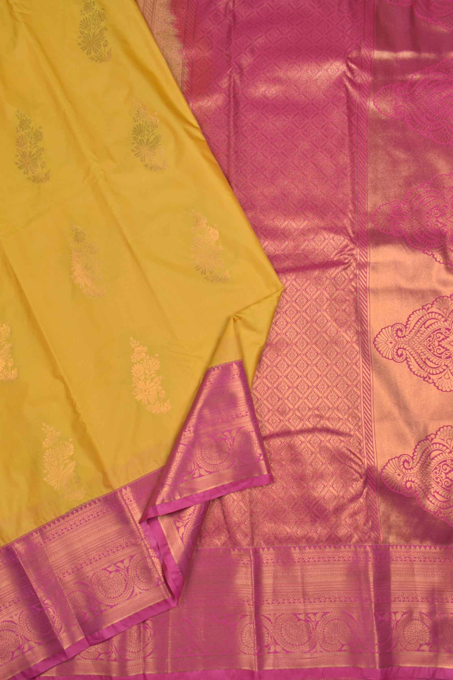 Golden Yellow Semi Soft Silk Floral Bouquet Contrast Dark Pink Border Saree