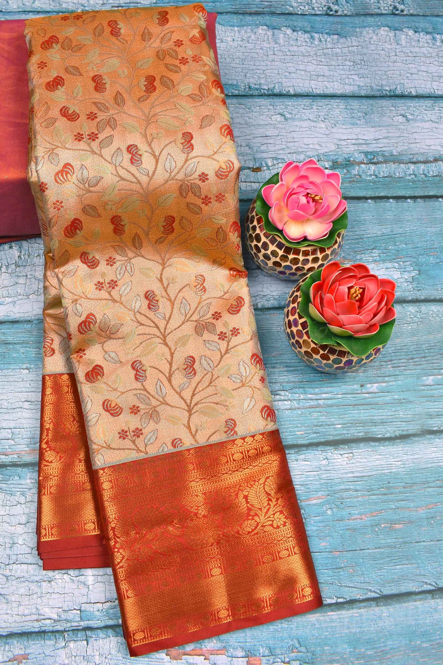 Peach Semi Silk Tissue Tree Grey Leaves Jacquard Contrast Red Border Saree