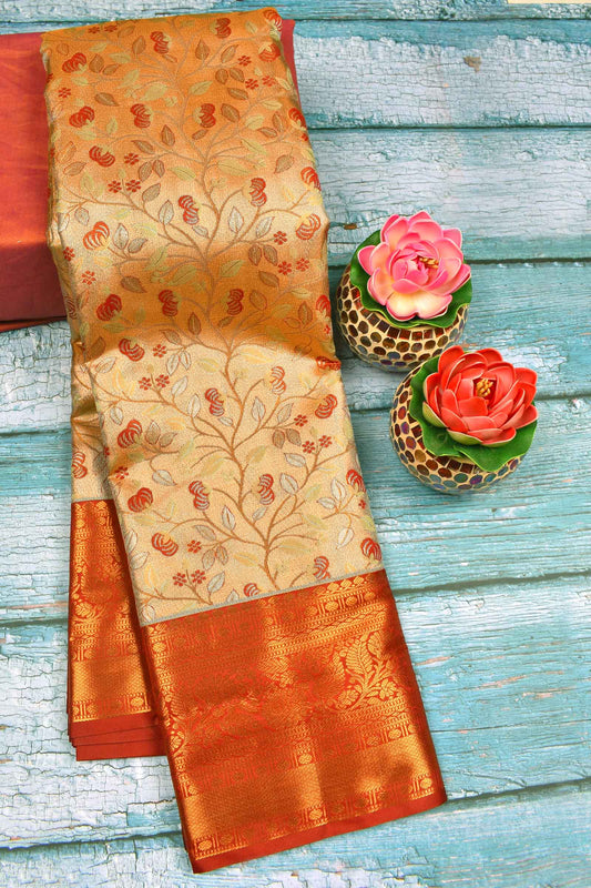 Peach Semi Silk Tissue Tree Leaves Jacquard Contrast Red Border Saree