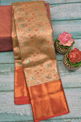 Peach Semi Silk Tissue  Floral Leaves Red  Border Saree