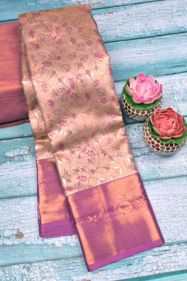 Peach With Violet Semi Silk Tissue  Leaves Jacquard Violet Border Saree