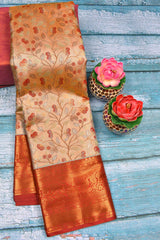 Peach Semi Silk Tissue Tree Grey Leaves Jacquard Contrast Red Border Saree