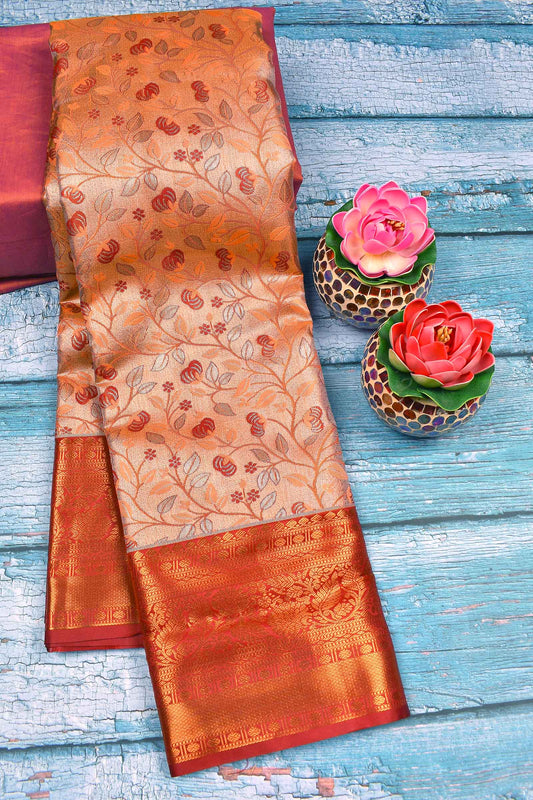 Peach Semi Silk Tissue Silver Leaves  Fancy Red Border Saree