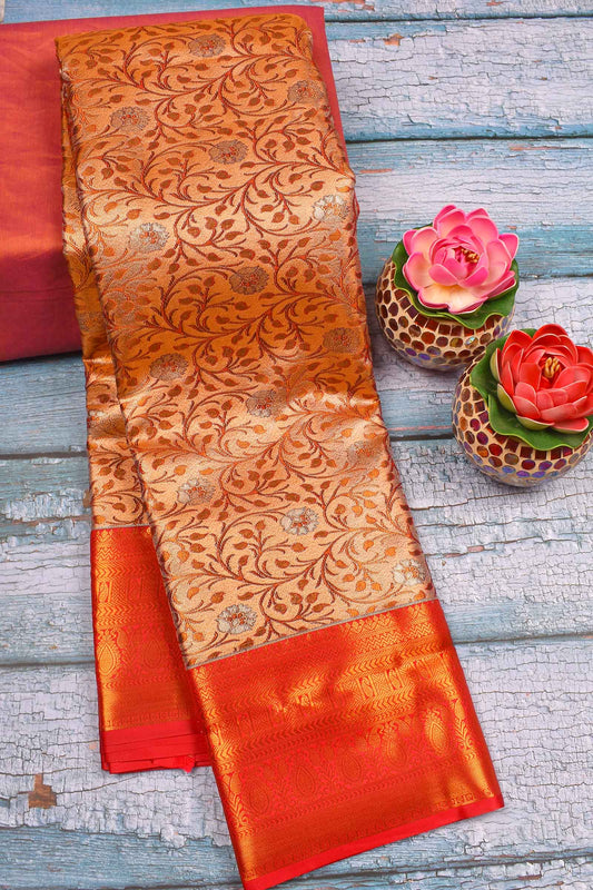 Peach Semi Silk Tissue Rich Jacquard Red Border Saree