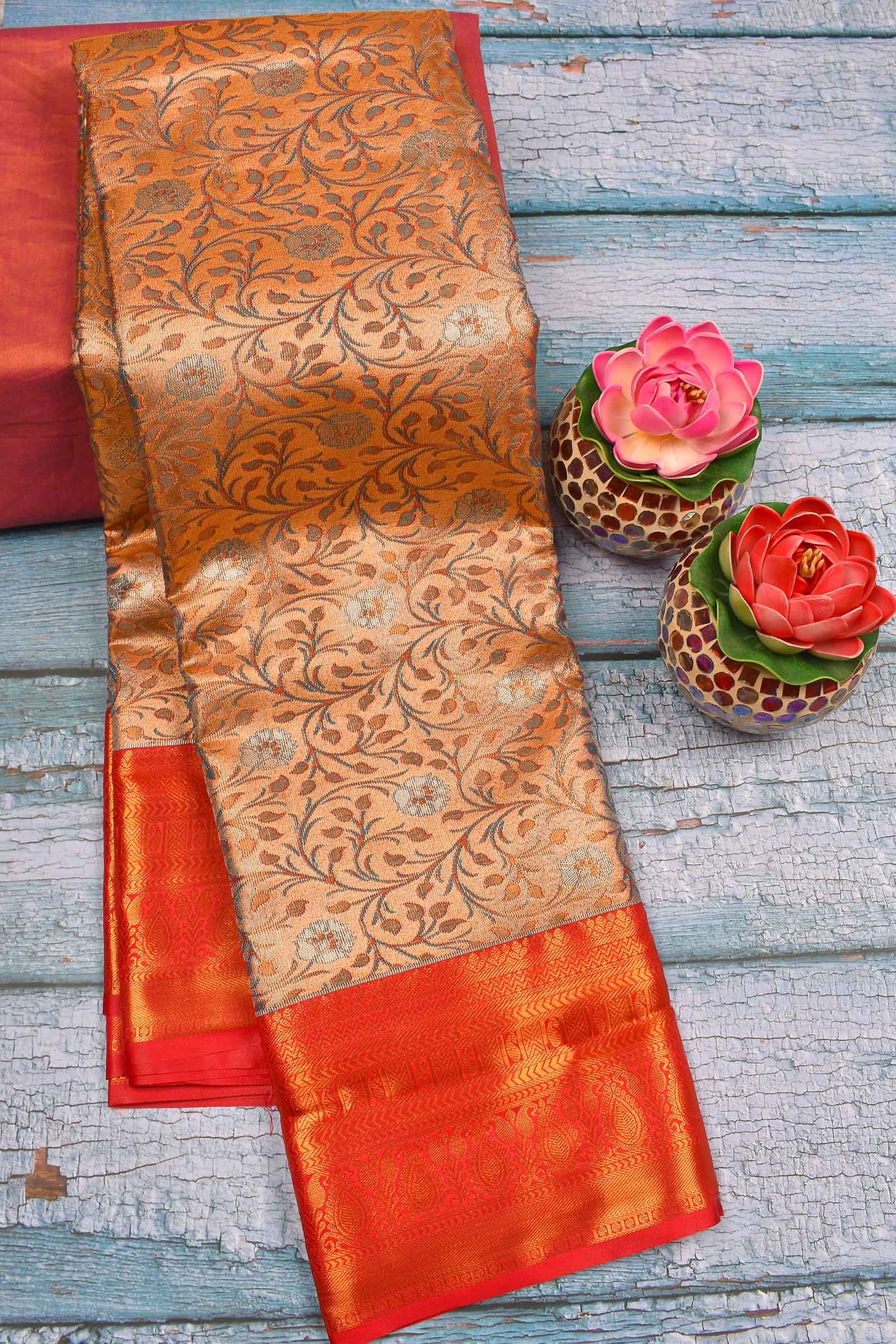 Peach Semi Silk Tissue Green Leaves Red Border Saree