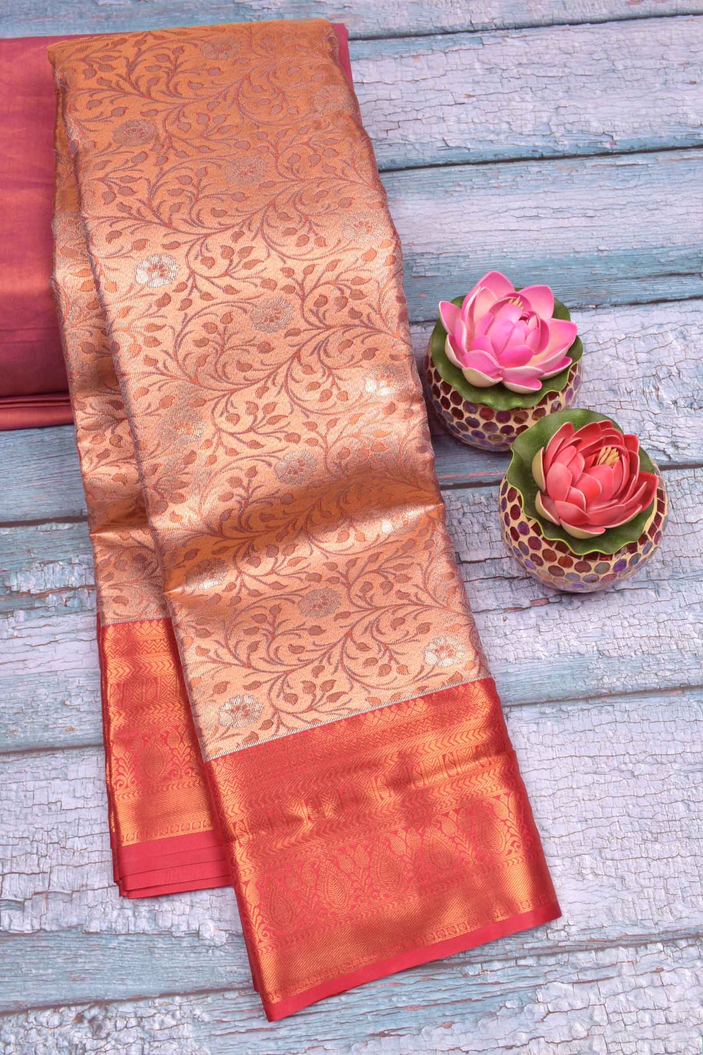 Peach Semi Silk Tissue Grey Leaves Red  Border Saree