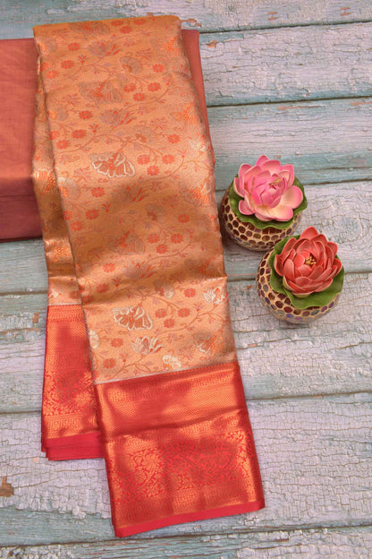 Peach Semi Silk Rich Jacquard Contrast Pink Border Tissue Saree