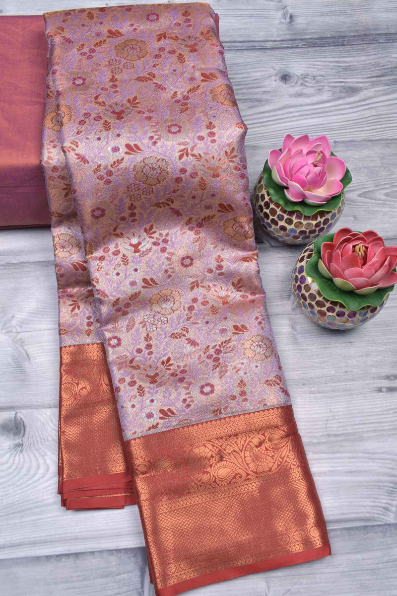 Violet Semi Silk Tissue White Leaves Red Traditional Border Saree