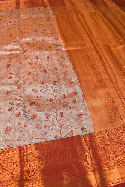 Peach Semi Silk Tissue Tree Grey Leaves Jacquard Contrast Red Border Saree