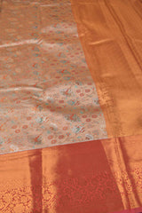 Peach Semi Silk Tissue  Floral Leaves Red  Border Saree