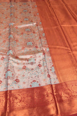 Peach Semi Silk Tissue Floral Design Maroon  Border Saree