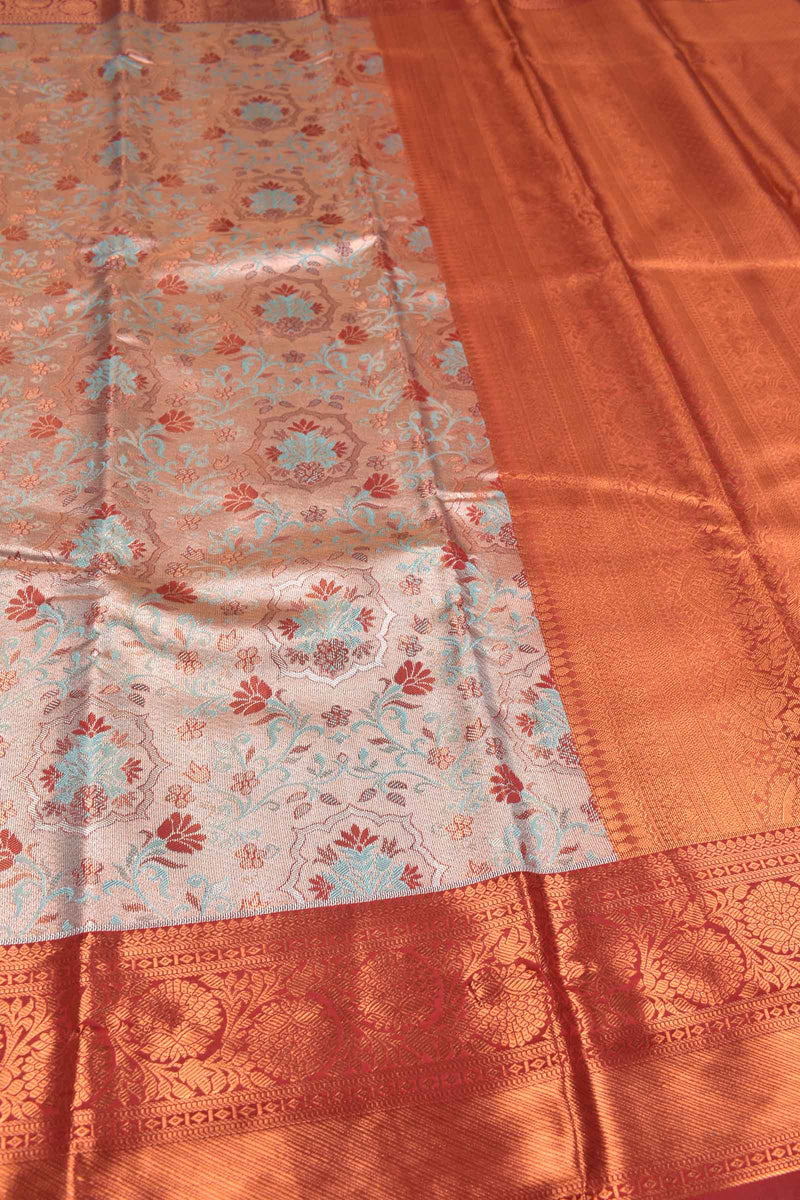 Peach Semi Silk Tissue Floral Design Maroon  Border Saree